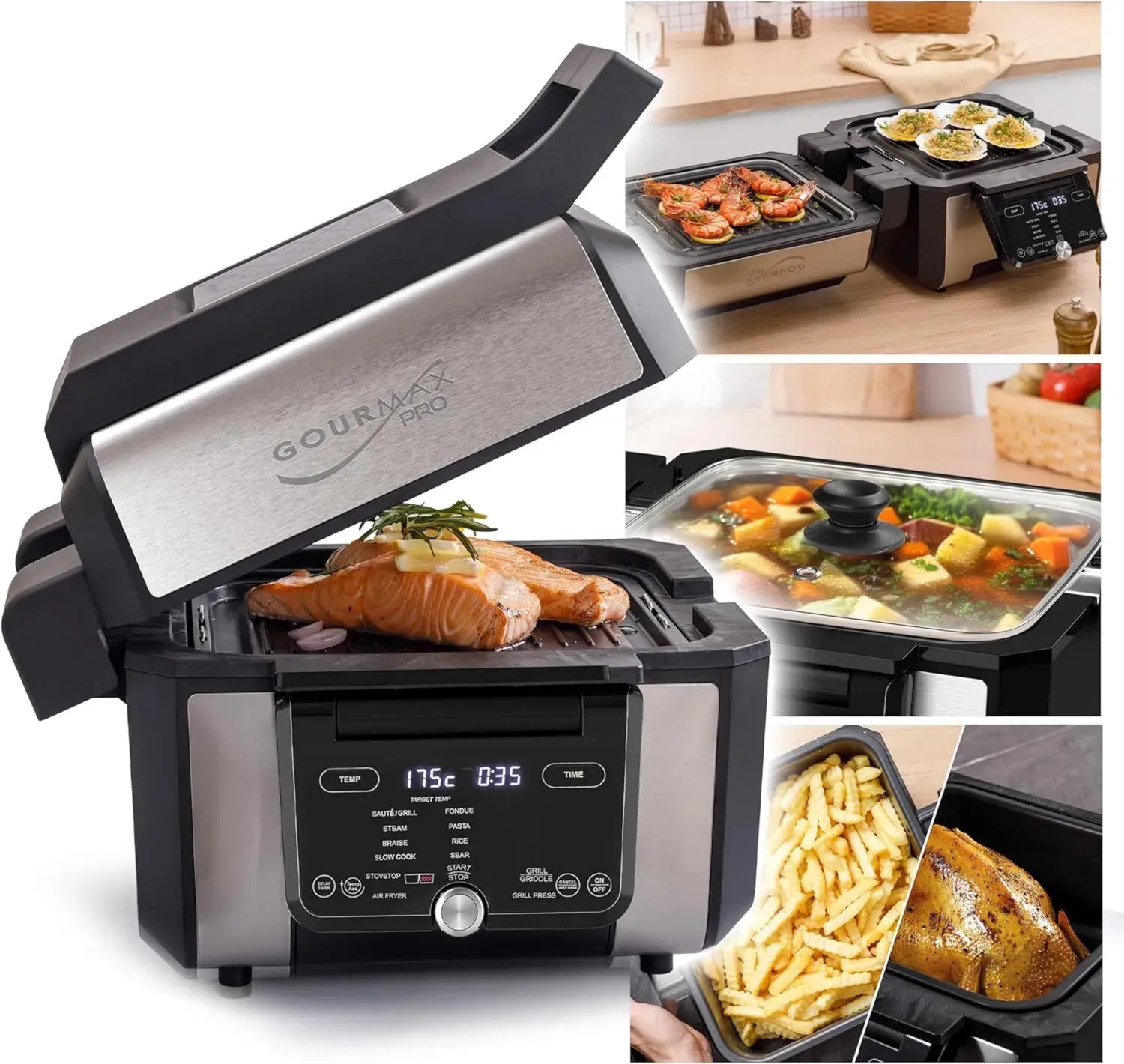 Gourmax Pro Multifunktions-Küchengerät: Airfryer, Ofen, Grill und Topf mit Glasdeckel, 5,6 l - 2 unabhängige XXL-Kochzonen, 16 Programme, energiesparend