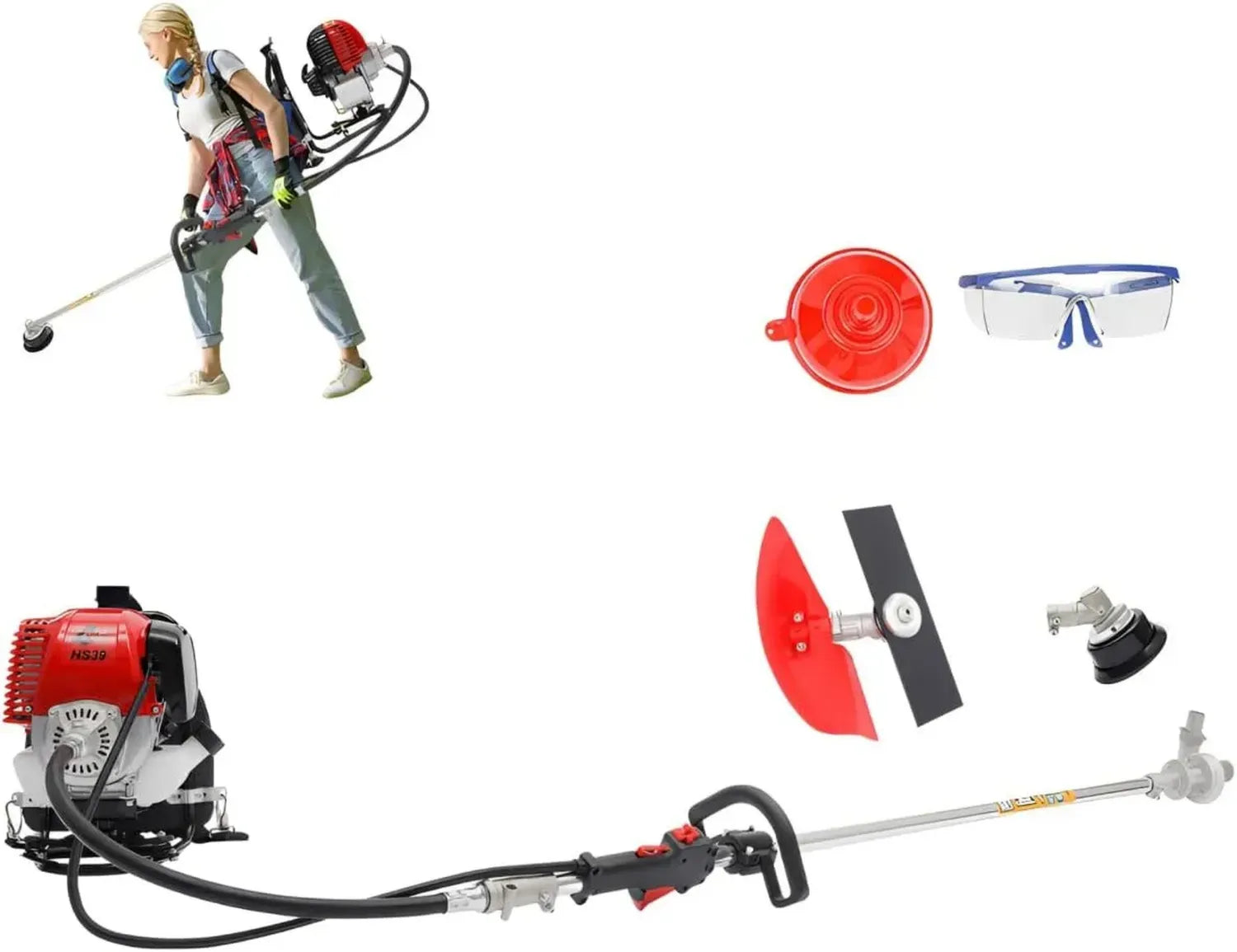 4-Takt Benzin-Motorsense mit Rückentrage, Multitool: Freischneider, Rasenmäher, 8500 U/min, luftgekühlt, Einzylinder, integriertes Werkzeugset